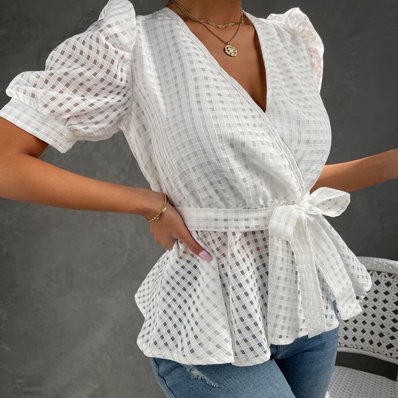 Bohemian White Puff Sleeve Peplum Top - Picture 2 of 5